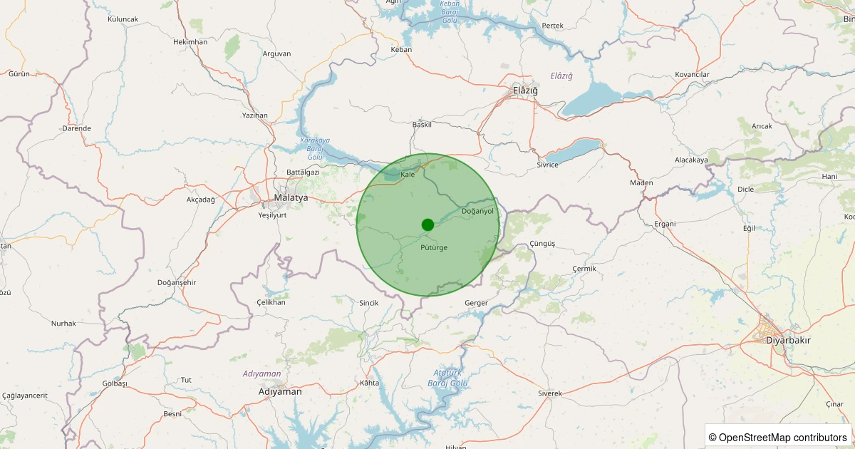 18 Ekim 2025 saat 21:41 - Pütürge - Aktarla Köyü - 1.00ml depreminin harita gösterimi