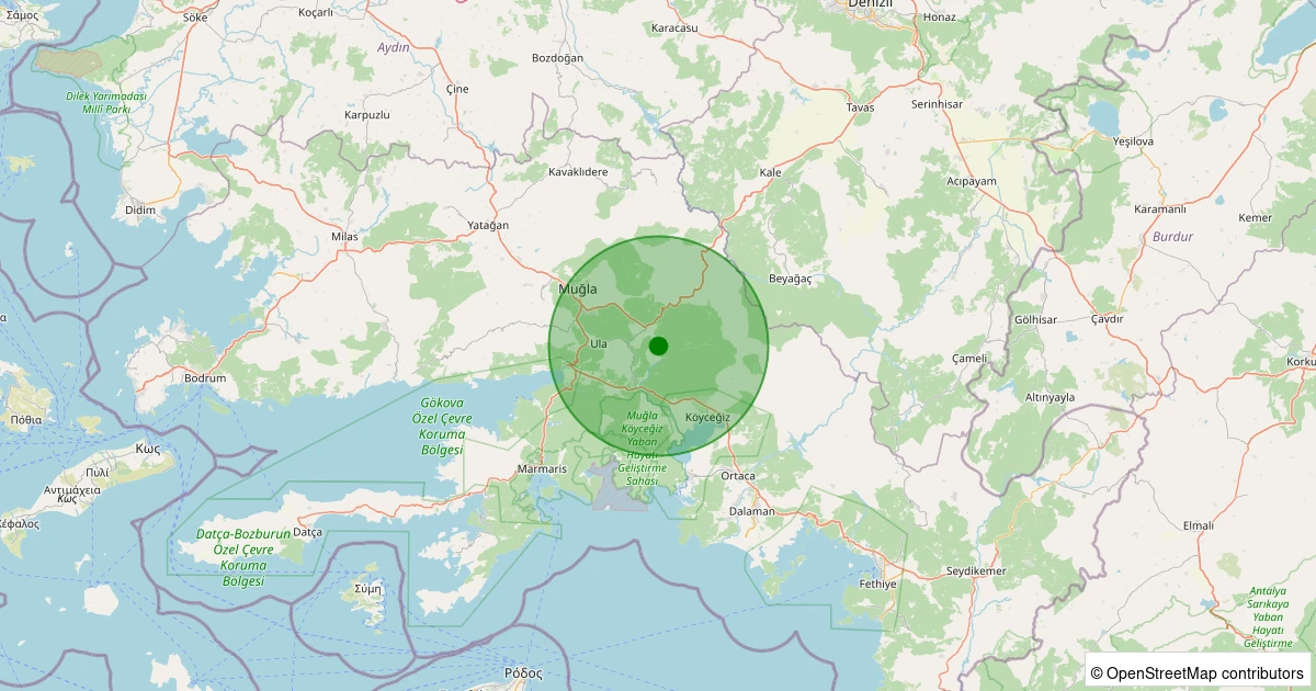 19 Ekim 2025 saat 09:27 - Ula - Kıyra - 2.10ml depreminin harita gösterimi