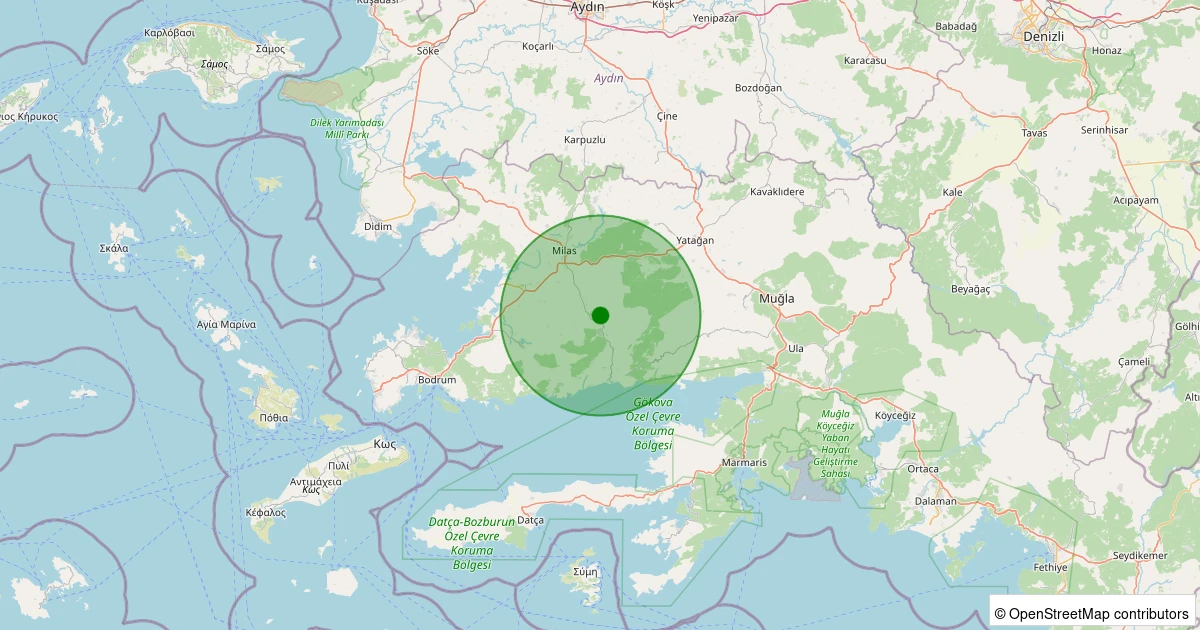 19 Ekim 2025 saat 11:41 - Milas - Karacaağaç - 1.40ml depreminin harita gösterimi