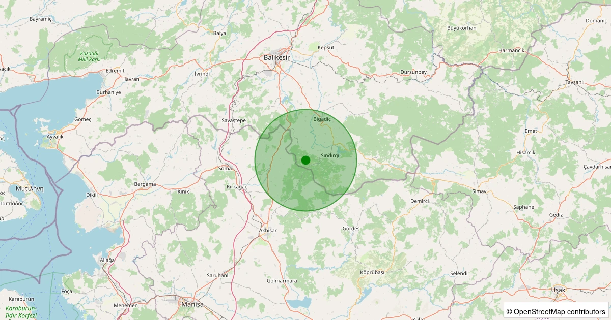20 Ekim 2025 saat 22:49 - Sındırgı - Alakır - 1.30ML depreminin harita gösterimi