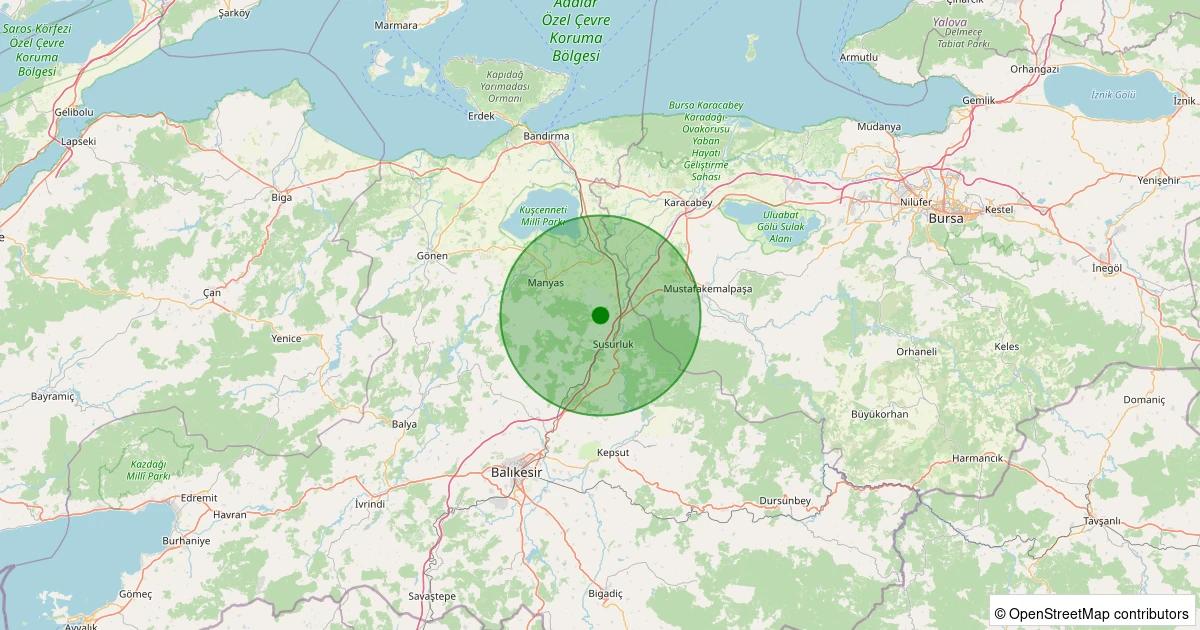 21 Ekim 2025 saat 11:19 - Susurluk - Yağcıköy - 1.20ML depreminin harita gösterimi