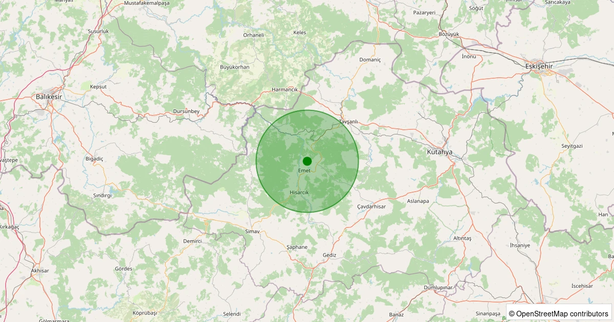 21 Ekim 2025 saat 13:12 - Emet - Çalcağıl - 1.30ML depreminin harita gösterimi
