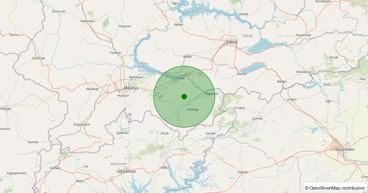 05 Ekim 2025 saat 08:50 - Pütürge - 1.00ML depreminin harita gösterimi