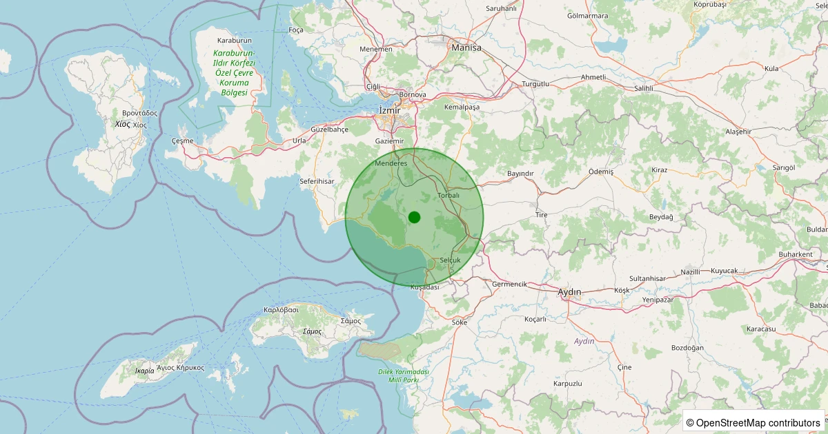 21 Ekim 2025 saat 17:36 - Menderes - Çakaltepe - 1.90ML depreminin harita gösterimi