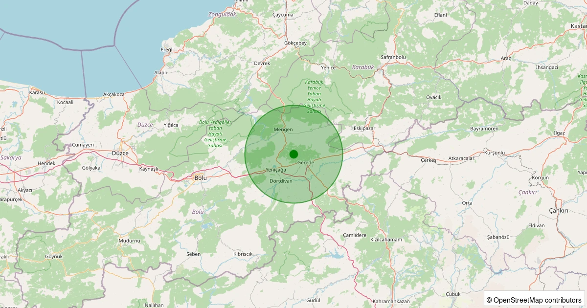 21 Ekim 2025 saat 21:23 - Yeniçağa - Yamanlar Köyü - 2.30ml depreminin harita gösterimi