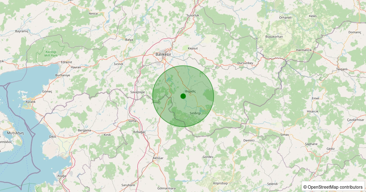 21 Ekim 2025 saat 21:50 - Bigadiç - Yörücekler - 1.10ML depreminin harita gösterimi