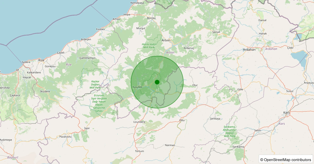 21 Ekim 2025 saat 21:31 - Yusufeli - İnanlı Köyü - 1.80ML depreminin harita gösterimi