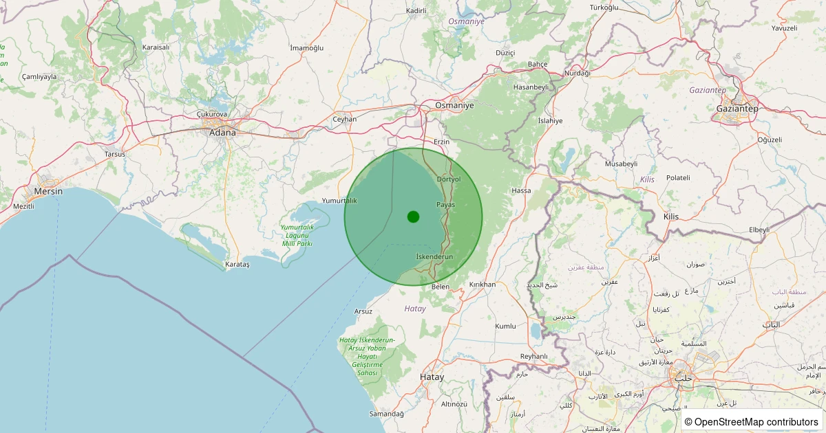 21 Ekim 2025 saat 22:07 - PAYAS-DORTYOL - 1.60ml depreminin harita gösterimi