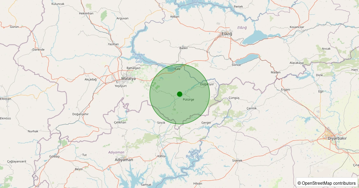 21 Ekim 2025 saat 23:46 - Pütürge - Pazarcık Köyü - 1.30ml depreminin harita gösterimi