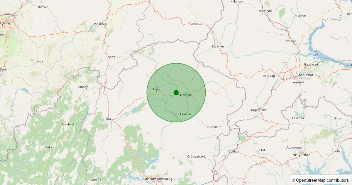 22 Ekim 2025 saat 01:46 - Elbistan - Yapraklı Köyü - 2.20ML depreminin harita gösterimi