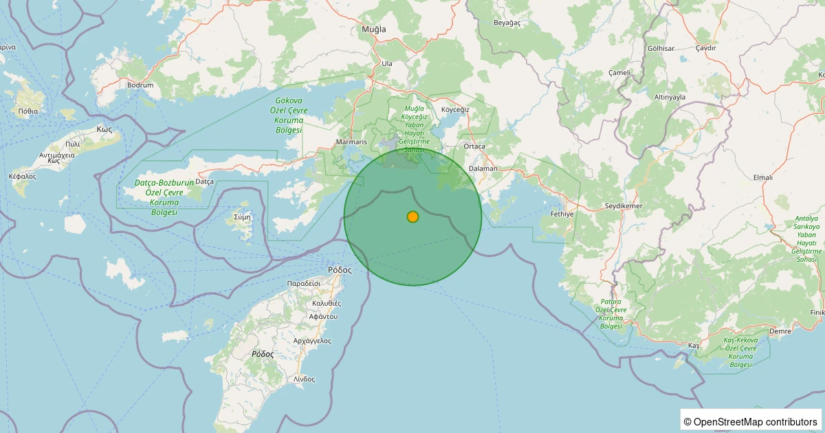 22 Ekim 2025 saat 05:45 - Akdeniz - [20.10 km] Ortaca (Muğla) - 4.50MW depreminin harita gösterimi