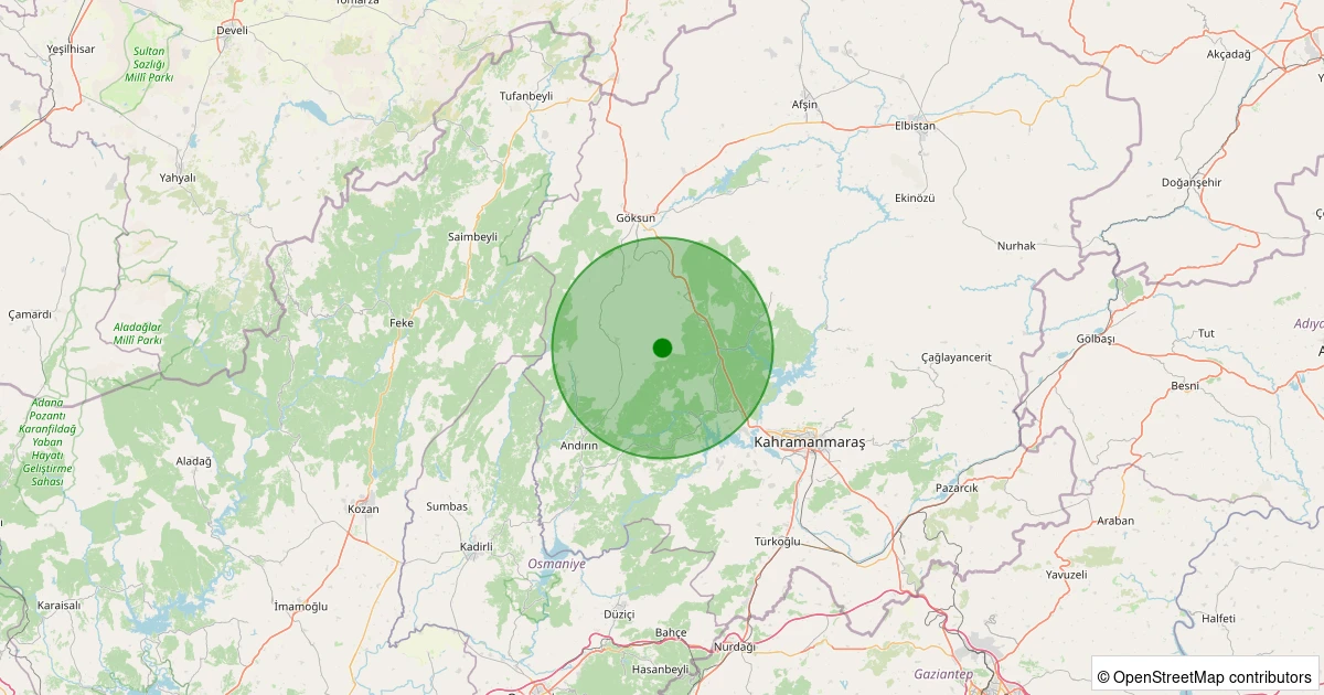 22 Ekim 2025 saat 08:53 - Onikişubat - Kaynar - 1.40ml depreminin harita gösterimi
