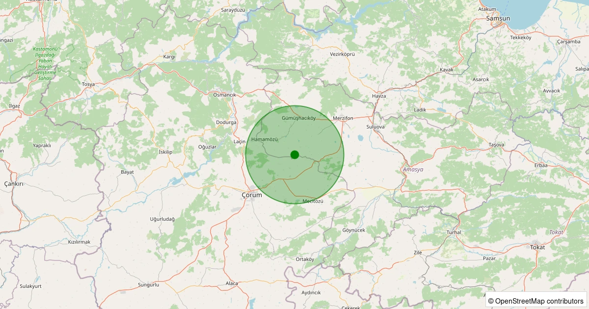 22 Ekim 2025 saat 10:42 - Gümüşhacıköy - Akpınar Köyü - 2.00ml depreminin harita gösterimi