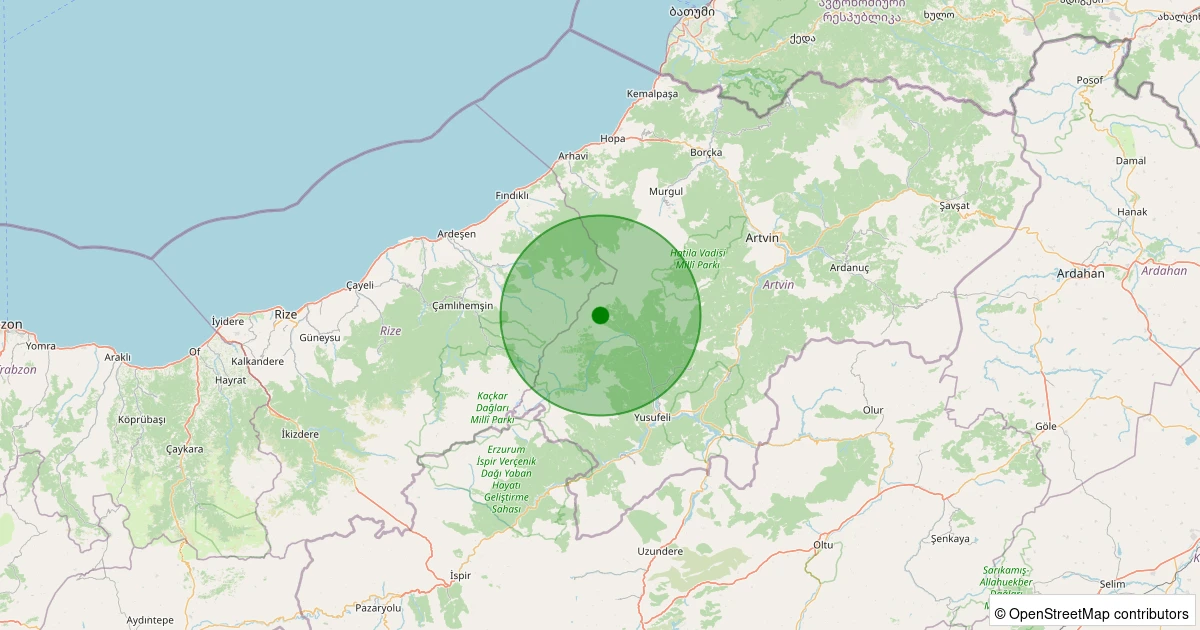 22 Ekim 2025 saat 10:26 - Yusufeli - Özgüven Köyü - 1.00ML depreminin harita gösterimi