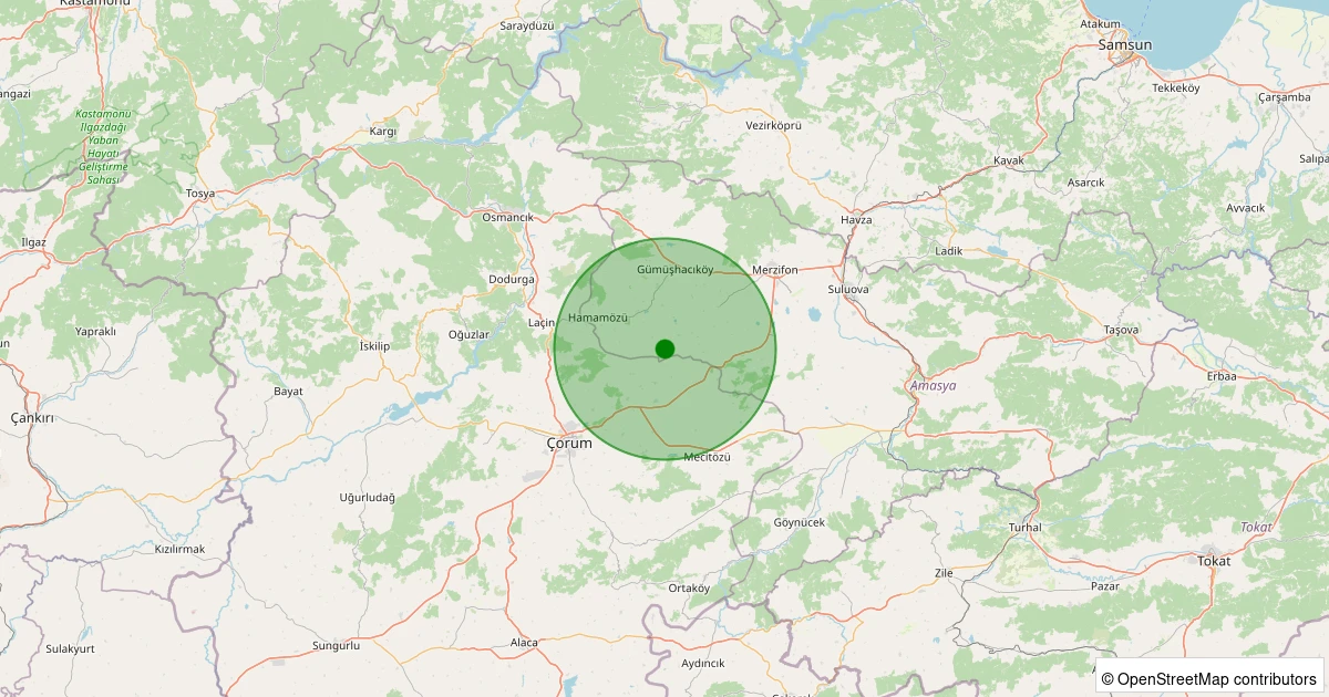 22 Ekim 2025 saat 10:42 - Gümüşhacıköy - Akpınar Köyü - 2.00ML depreminin harita gösterimi