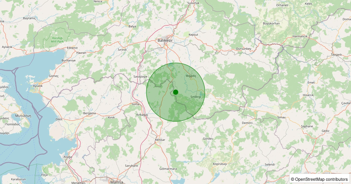 22 Ekim 2025 saat 12:49 - Sındırgı - Eğridere - 1.30ml depreminin harita gösterimi