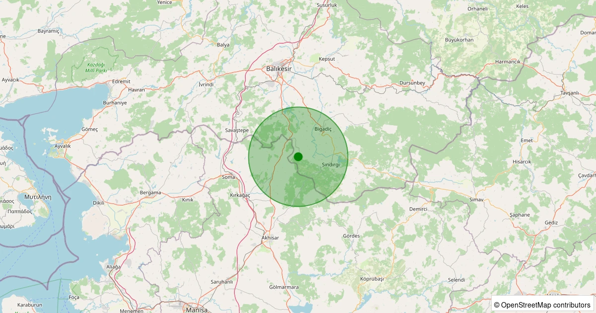 22 Ekim 2025 saat 12:49 - Sındırgı - Eğridere - 1.30ML depreminin harita gösterimi