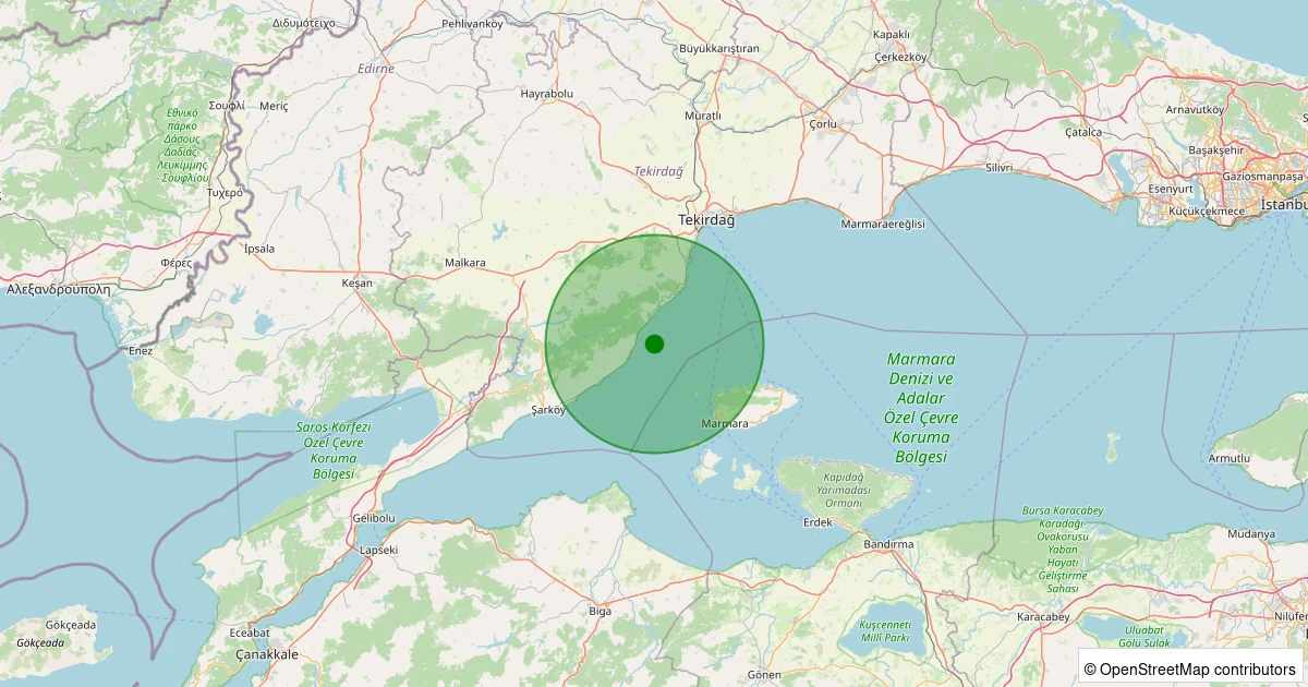 22 Ekim 2025 saat 13:59 - Marmara Denizi - [03.87 km] Şarköy (Tekirdağ) - 2.60ML depreminin harita gösterimi