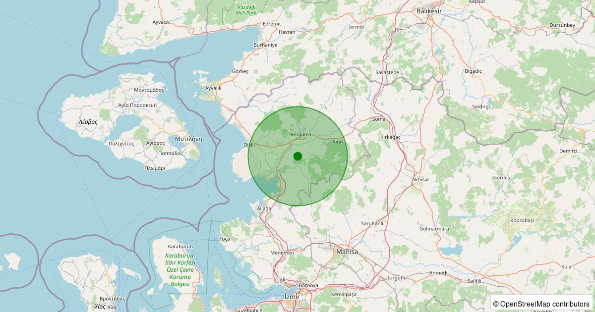 22 Ekim 2025 saat 16:38 - Bergama - Cevaplı - 1.40ML depreminin harita gösterimi