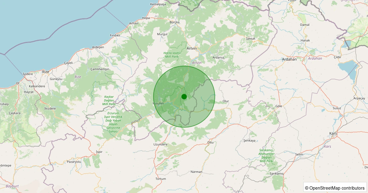22 Ekim 2025 saat 19:08 - Yusufeli - Demirkent Köyü - 1.30ml depreminin harita gösterimi