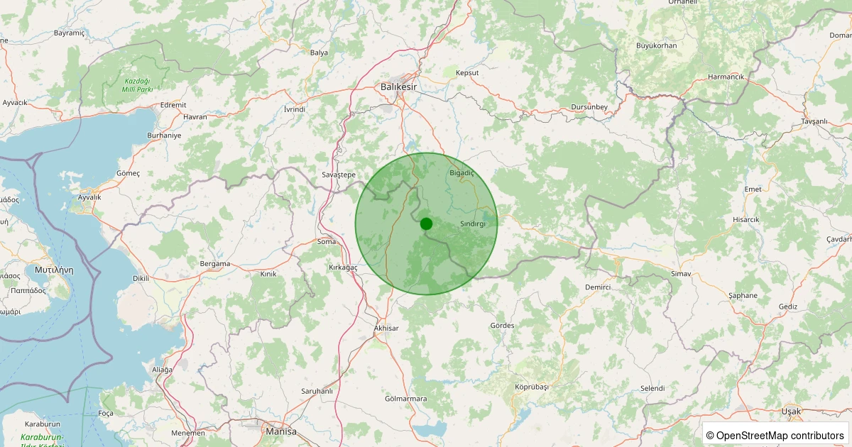 22 Ekim 2025 saat 21:46 - Sındırgı - Eğridere - 1.40ML depreminin harita gösterimi