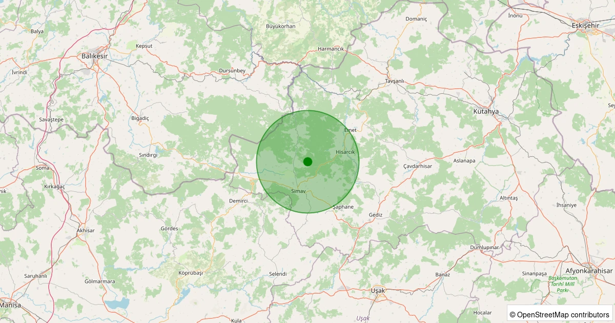 22 Ekim 2025 saat 23:06 - Simav - Yemişli Köyü - 1.10ml depreminin harita gösterimi