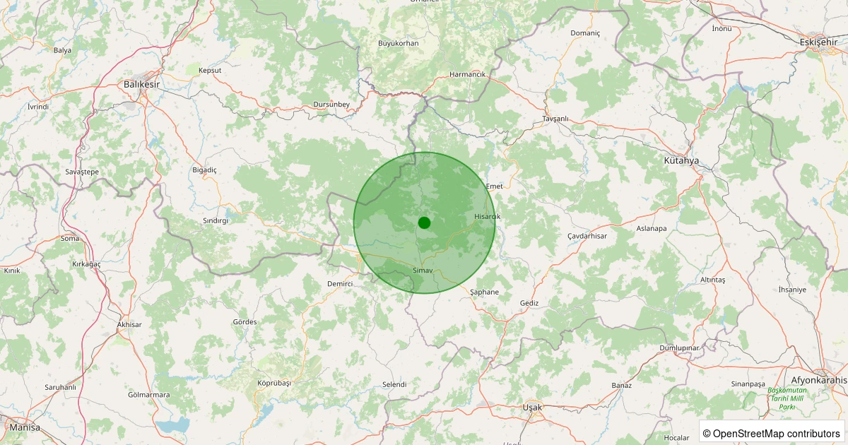 23 Ekim 2025 saat 00:38 - Simav - Yemişli Köyü - 1.60ml depreminin harita gösterimi