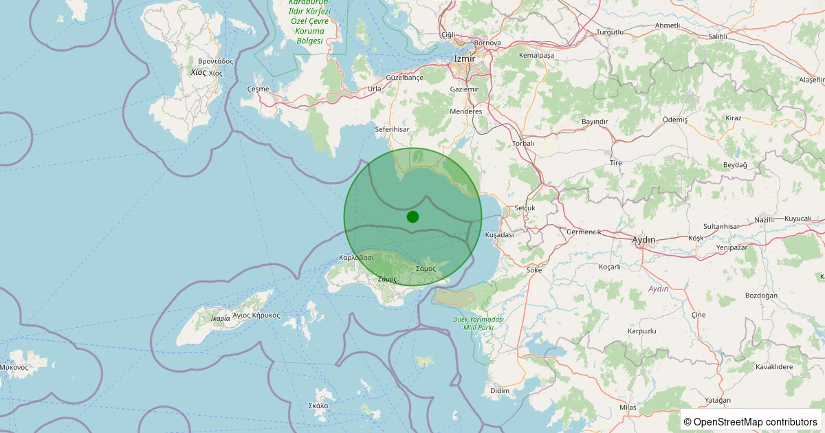 23 Ekim 2025 saat 01:35 - Ege Denizi - Kuşadası Körfezi - [16.97 km] Seferihisar (İzmir) - 2.10ML depreminin harita gösterimi