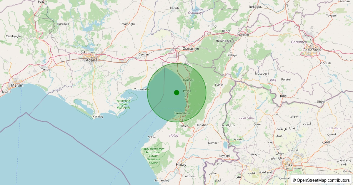 23 Ekim 2025 saat 05:50 - Akdeniz - İskenderun Körfezi - [08.10 km] Payas (Hatay) - 1.70ML depreminin harita gösterimi
