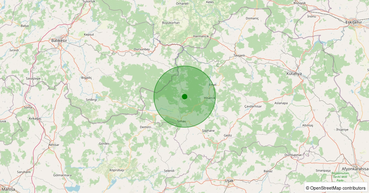 23 Ekim 2025 saat 13:50 - Simav - Yeşildere Köyü - 1.70ml depreminin harita gösterimi
