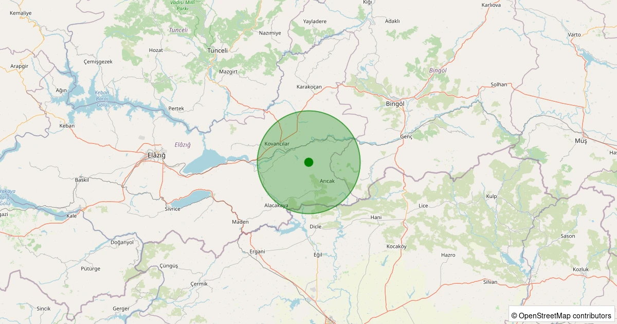 23 Ekim 2025 saat 15:08 - Palu - Karacabağ Köyü - 1.90ML depreminin harita gösterimi
