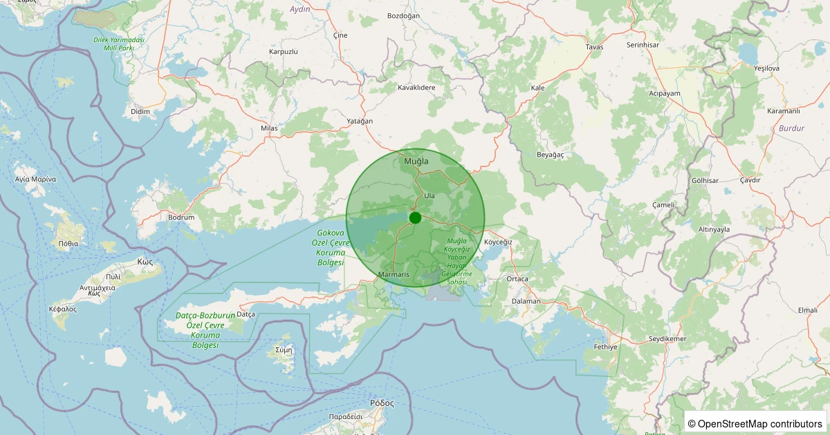 23 Ekim 2025 saat 20:44 - Ula - Akçapınar - 0.90ml depreminin harita gösterimi