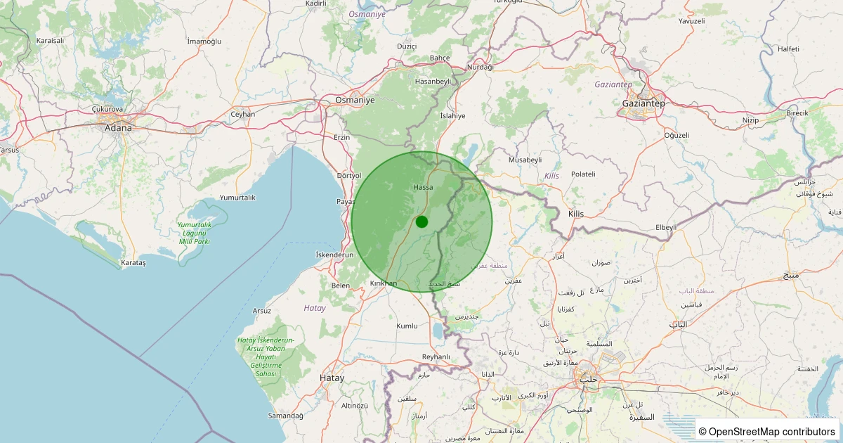 24 Ekim 2025 saat 10:45 - Hassa - Mazmanlı Köyü - 2.00ML depreminin harita gösterimi