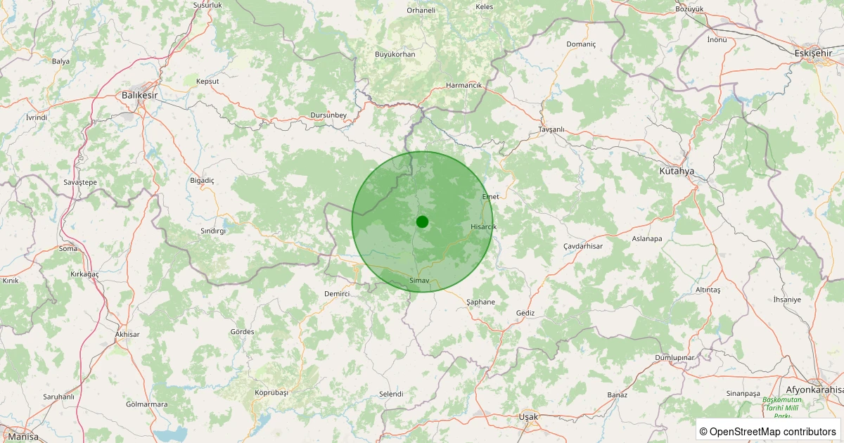 24 Ekim 2025 saat 15:18 - Simav - Yeşildere Köyü - 1.40ml depreminin harita gösterimi