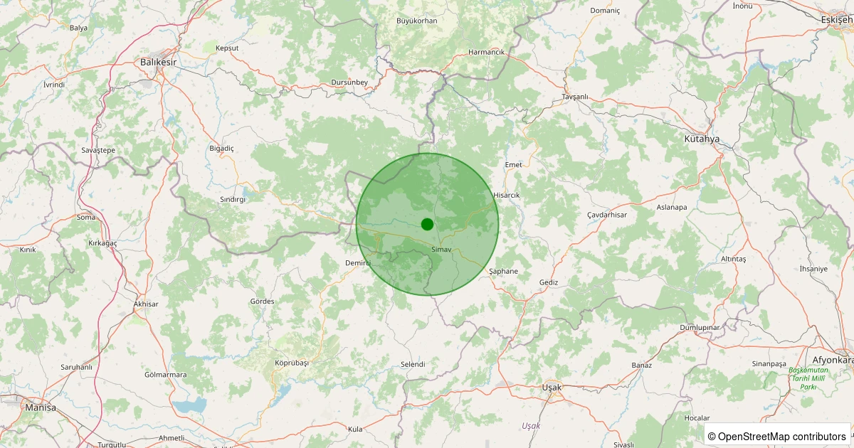 24 Ekim 2025 saat 21:19 - Simav - Güney/Cuma - 0.90ML depreminin harita gösterimi