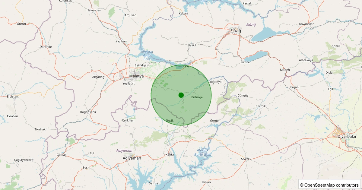 25 Ekim 2025 saat 02:44 - Pütürge - Kökpınar Köyü - 1.20ml depreminin harita gösterimi
