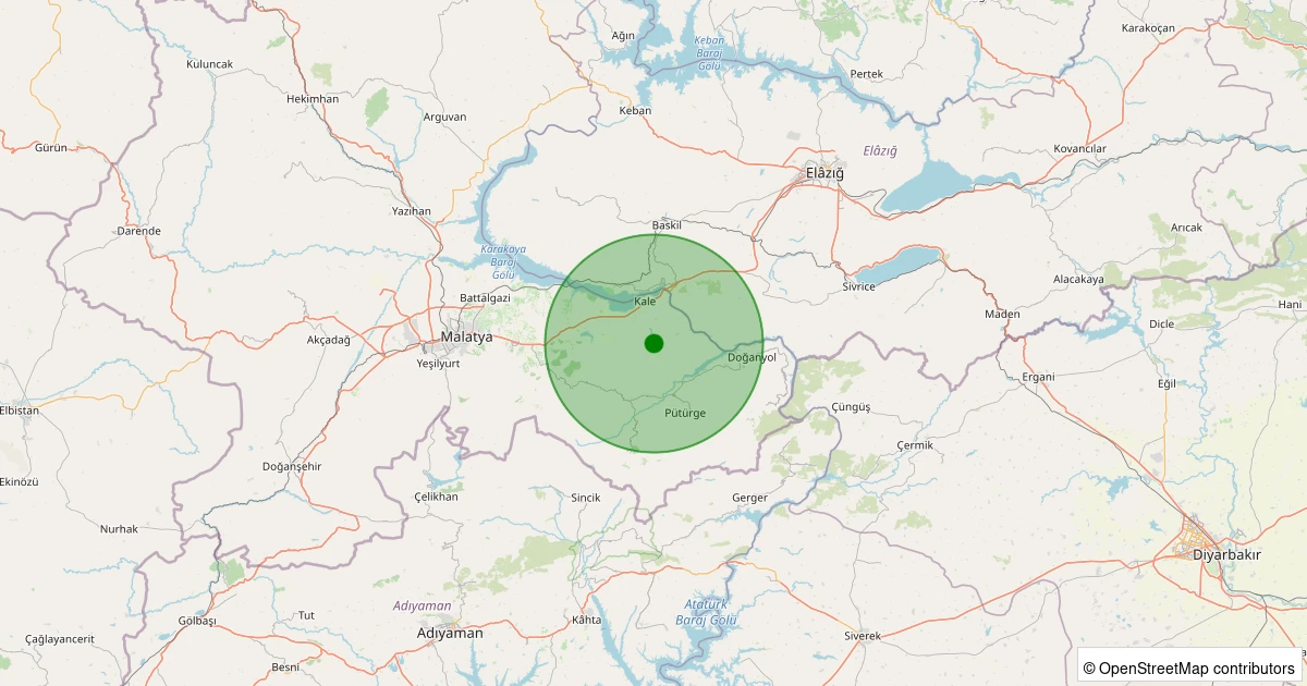 25 Ekim 2025 saat 02:44 - Pütürge - Bölükkaya Köyü - 1.20ml depreminin harita gösterimi