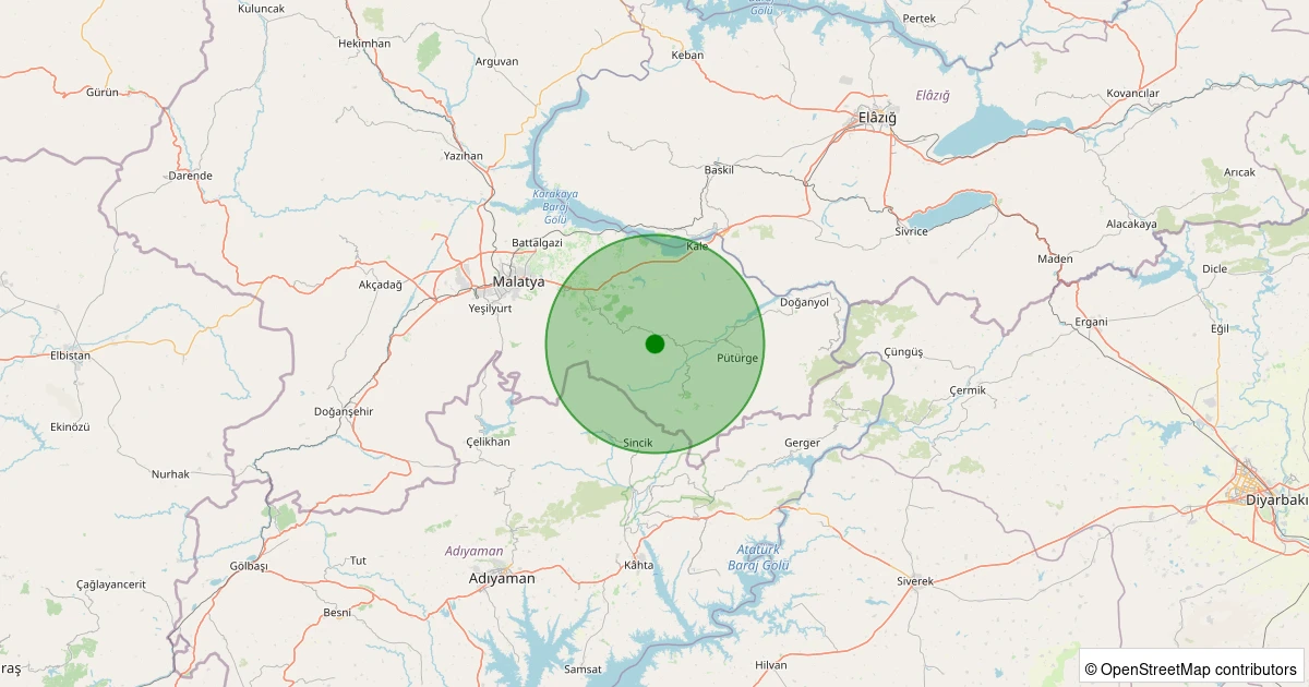 23 Ekim 2025 saat 14:53 - Pütürge - Kavaklıdere Köyü - 1.40ml depreminin harita gösterimi