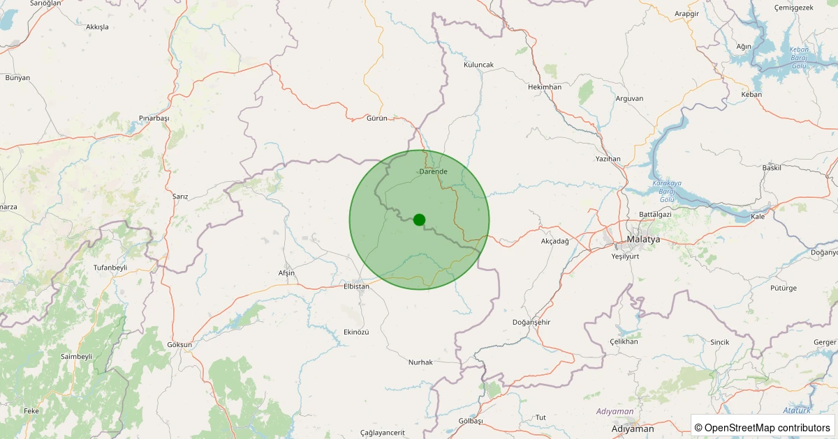 22 Ekim 2025 saat 12:55 - Darende - Yavuzlar - 1.30ml depreminin harita gösterimi