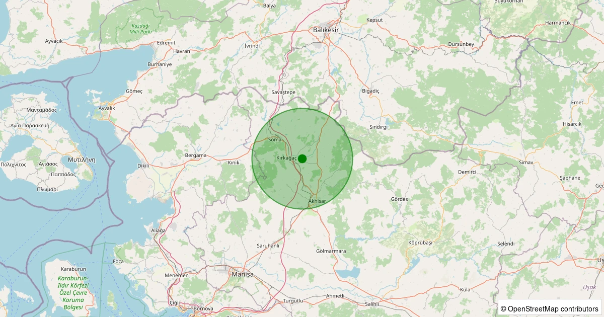 21 Ekim 2025 saat 12:15 - Kırkağaç - Tevfikiye - 0.50ml depreminin harita gösterimi