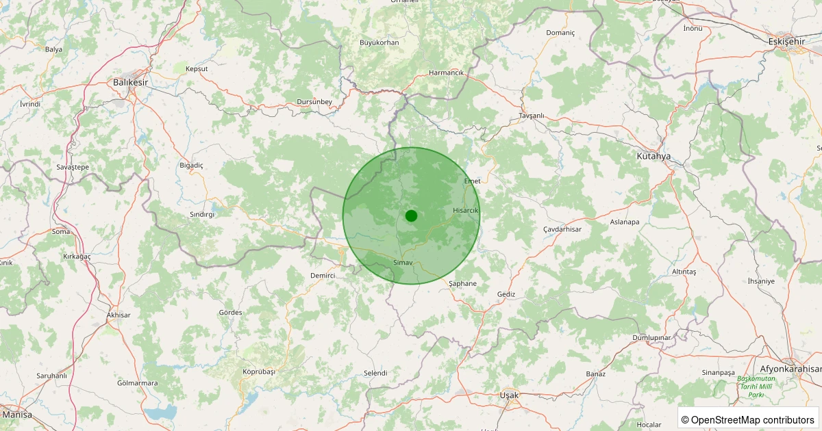 25 Ekim 2025 saat 10:43 - Simav - Yemişli Köyü - 1.30ml depreminin harita gösterimi