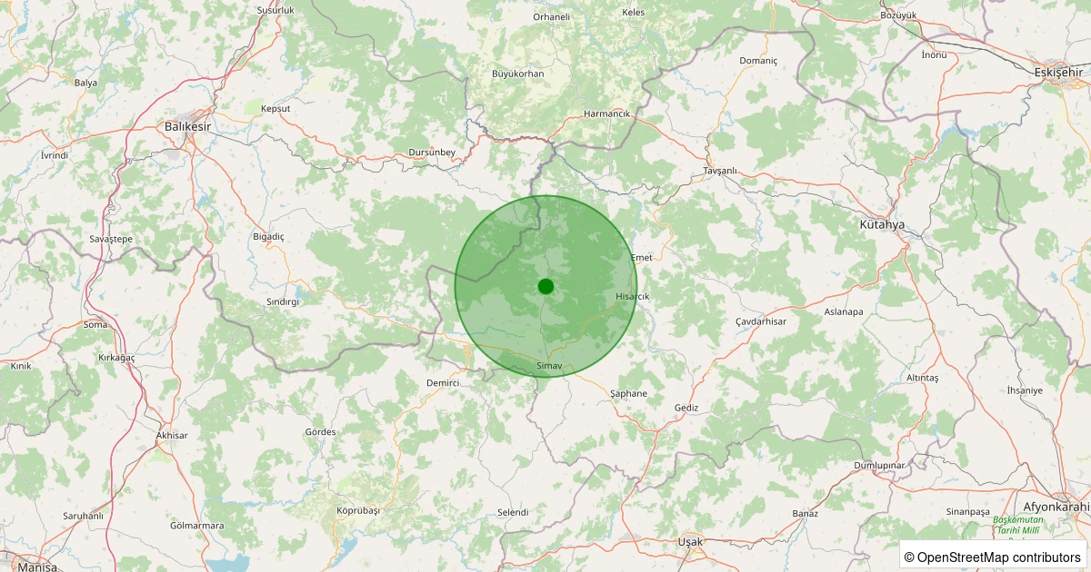 25 Ekim 2025 saat 13:42 - Simav - Yeşildere Köyü - 1.90ml depreminin harita gösterimi