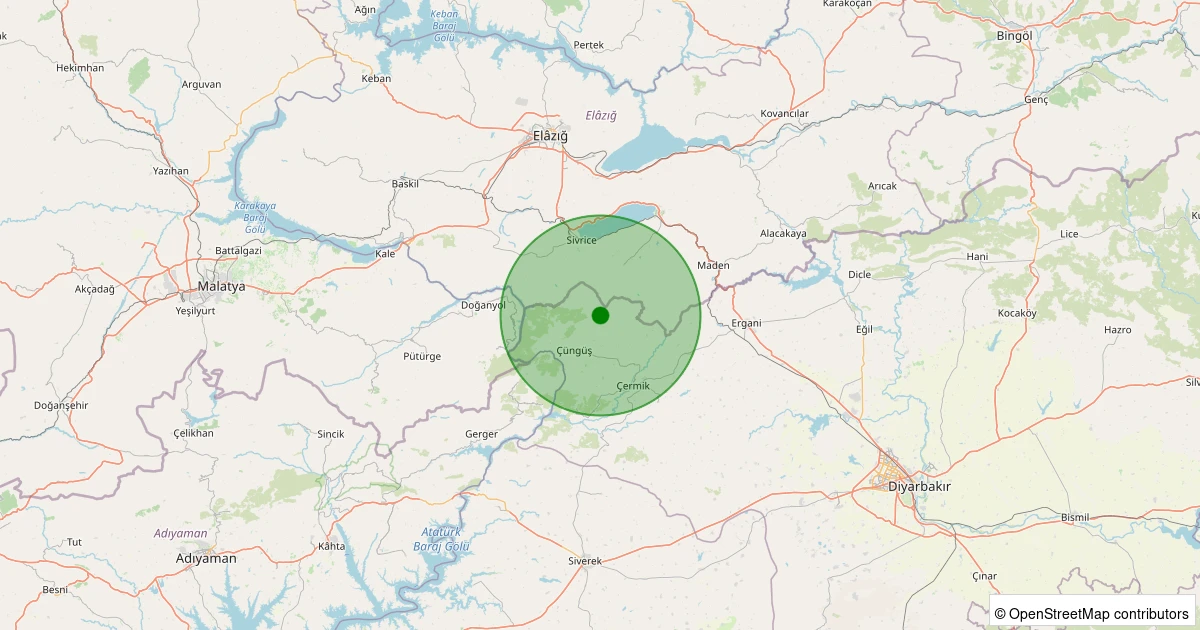 25 Ekim 2025 saat 19:23 - Çüngüş - Koçören Köyü - 1.00ml depreminin harita gösterimi