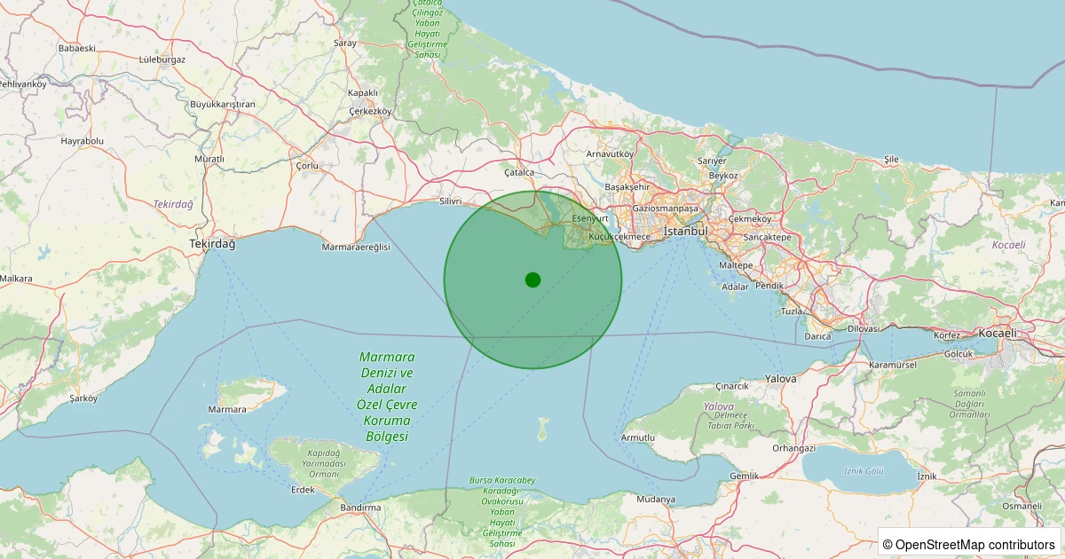 25 Ekim 2025 saat 19:56 - Marmara Denizi - [11.95 km] Büyükçekmece (İstanbul) - 2.30ML depreminin harita gösterimi