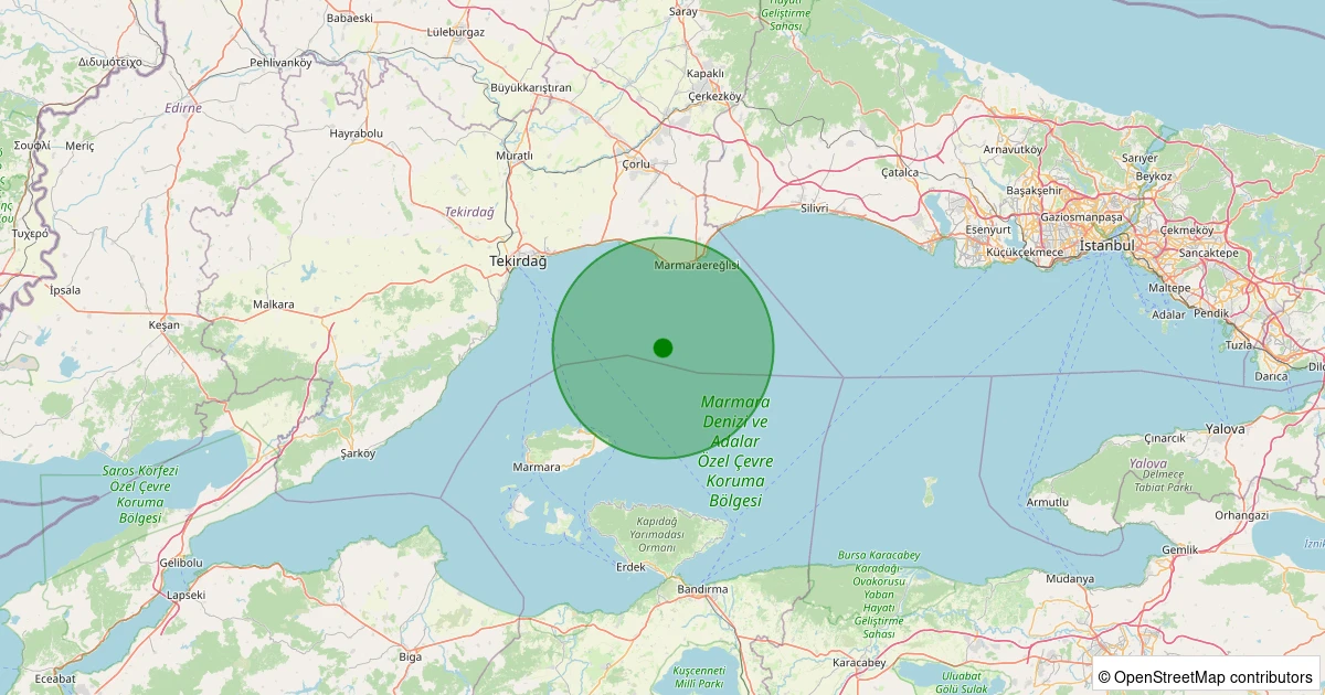 25 Ekim 2025 saat 22:52 - Marmara Denizi - [18.25 km] Marmaraereğlisi (Tekirdağ) - 1.60ML depreminin harita gösterimi