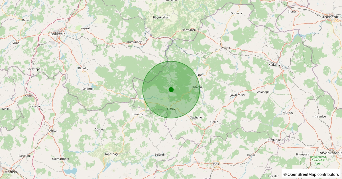 26 Ekim 2025 saat 12:26 - Simav - Yemişli Köyü - 1.80ML depreminin harita gösterimi