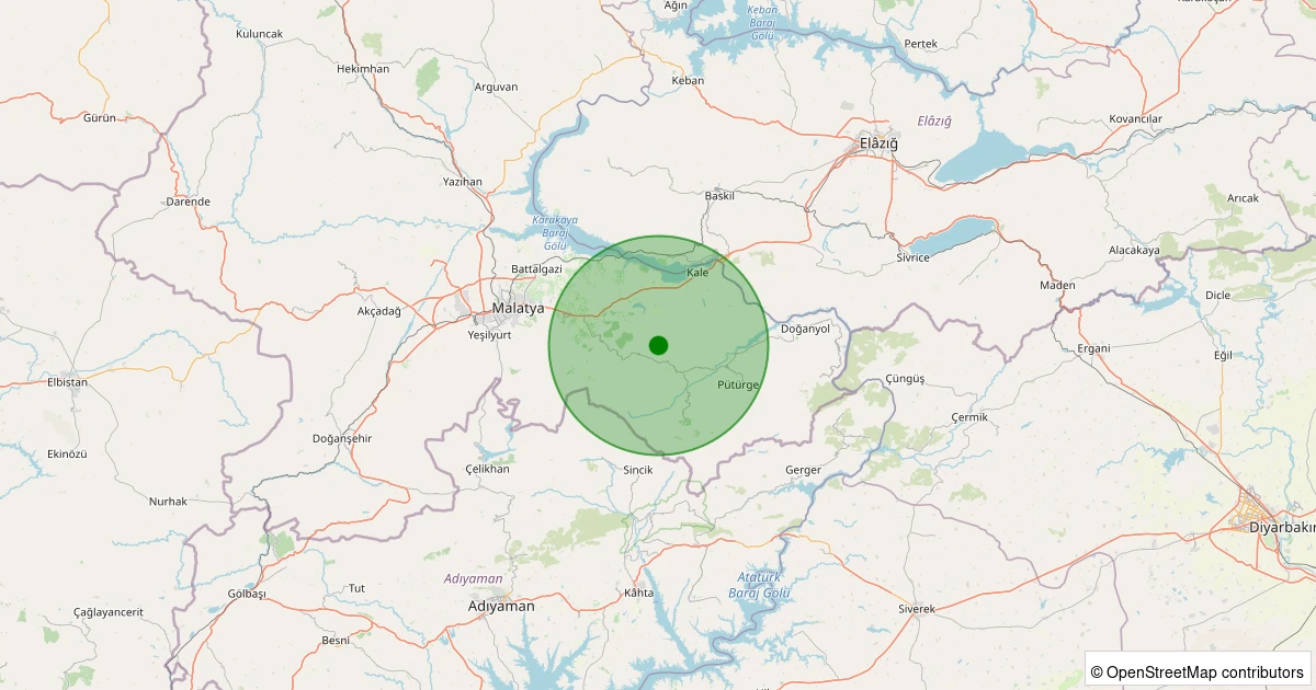 26 Ekim 2025 saat 12:05 - Pütürge - Kökpınar Köyü - 2.10ml depreminin harita gösterimi