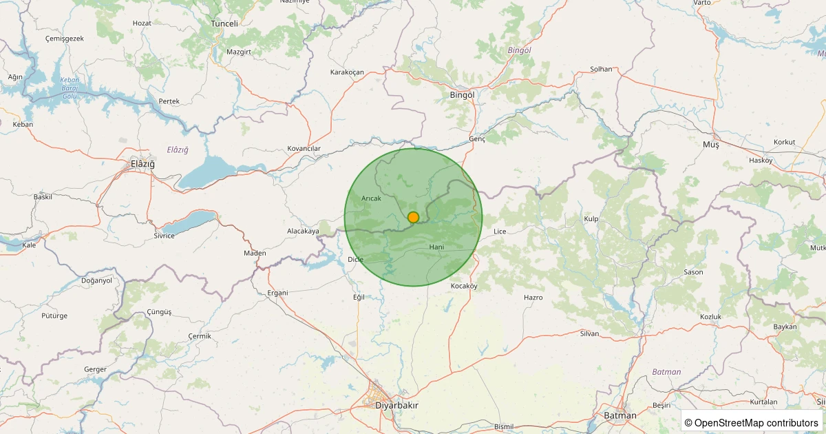 26 Ekim 2025 saat 11:49 - 13 km NW of Hani, Turkey - 4.10mb depreminin harita gösterimi