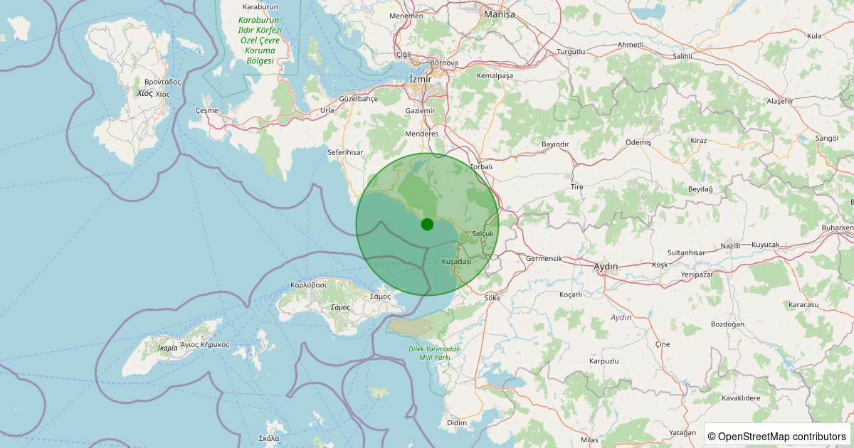 26 Ekim 2025 saat 16:22 - Ege Denizi - Kuşadası Körfezi - [04.80 km] Menderes (İzmir) - 1.60ML depreminin harita gösterimi