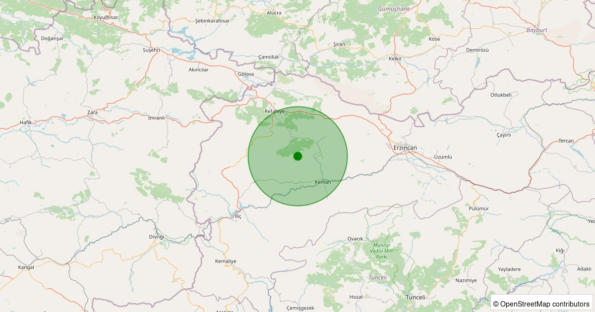 27 Ekim 2025 saat 04:18 - Kemah - Hakbilir Köyü - 2.20ml depreminin harita gösterimi